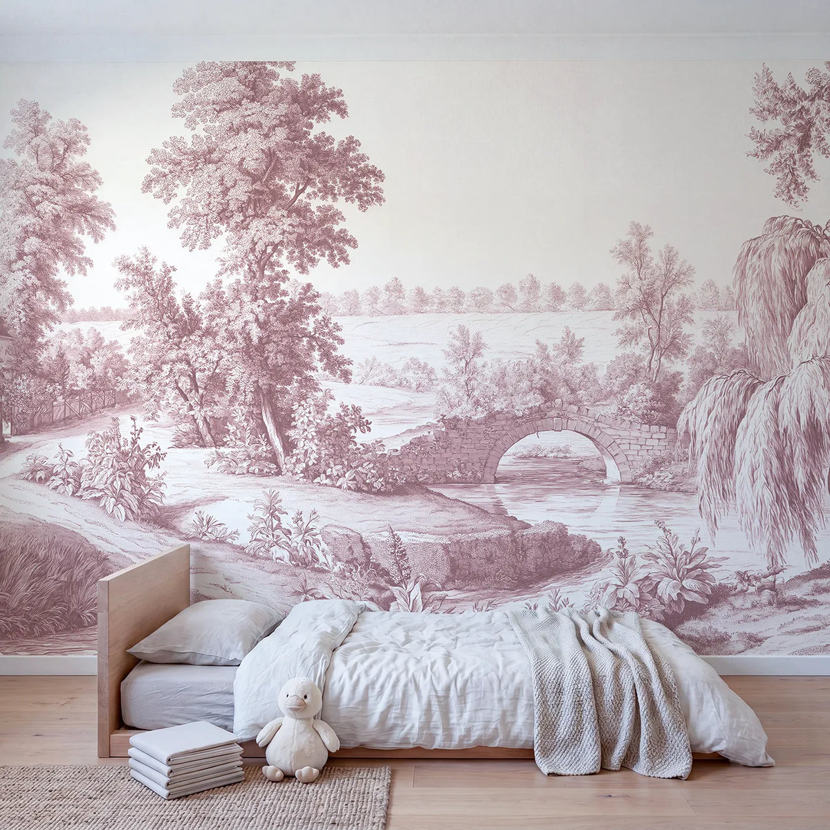 Old Stone Bridge Wallpaper Mural in Pink in playroom setting by Whimsy Tots
