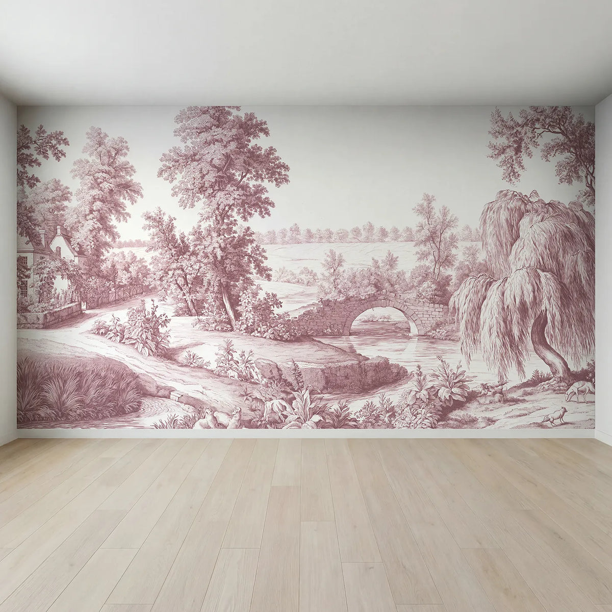 Full view of Old Stone Bridge Wallpaper Mural in Pink by Whimsy Tots