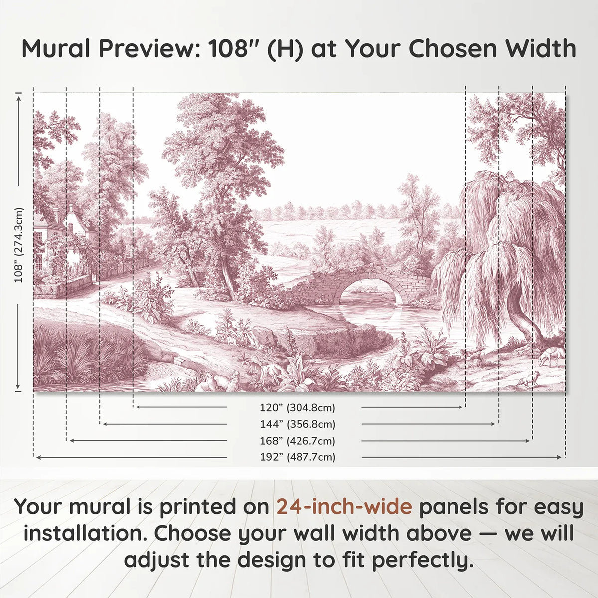 Panel layout and dimensions for Old Stone Bridge Wallpaper Mural in Pink by Whimsy Tots