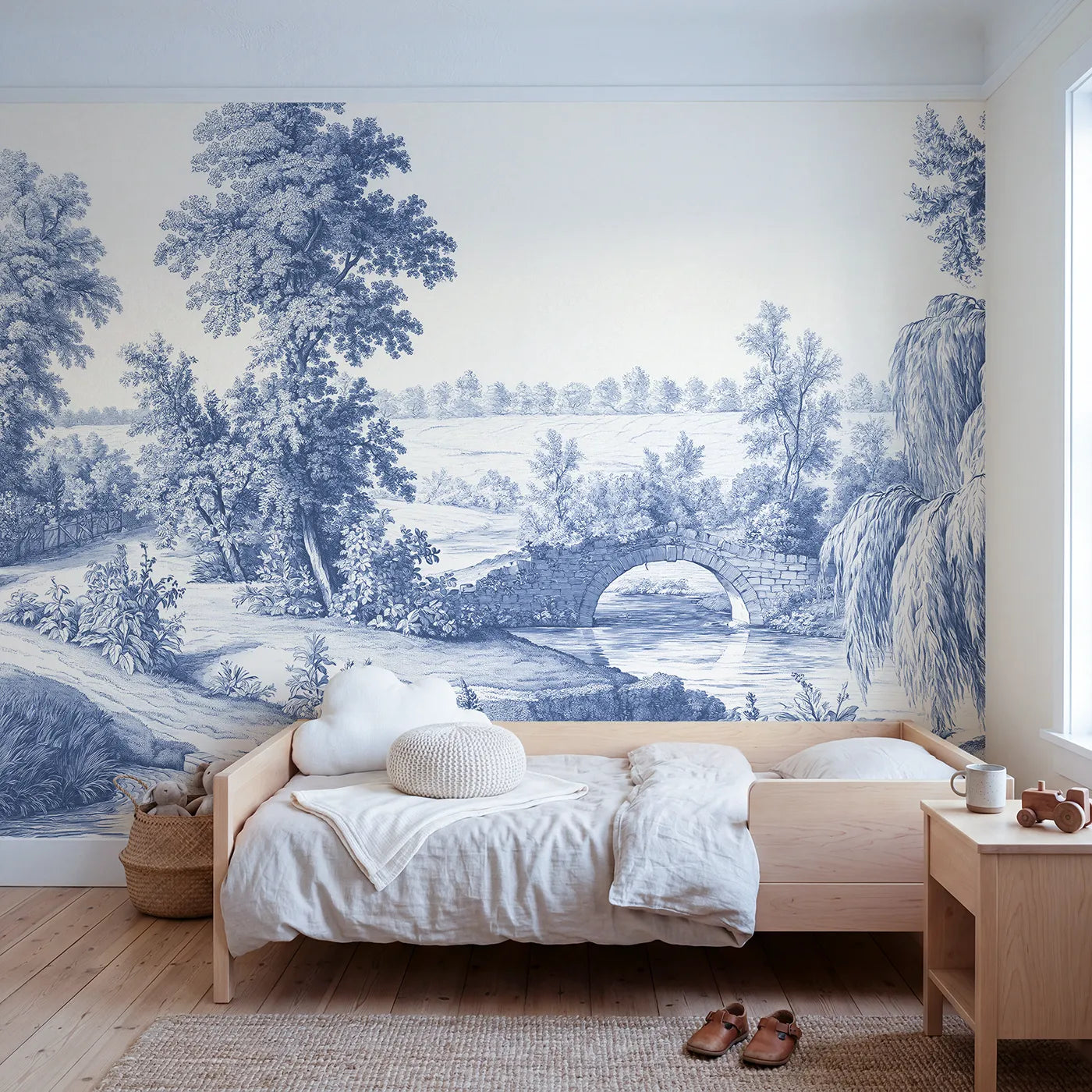 Toile wall mural of a stone bridge over a stream in single ink by Whimsy Tots