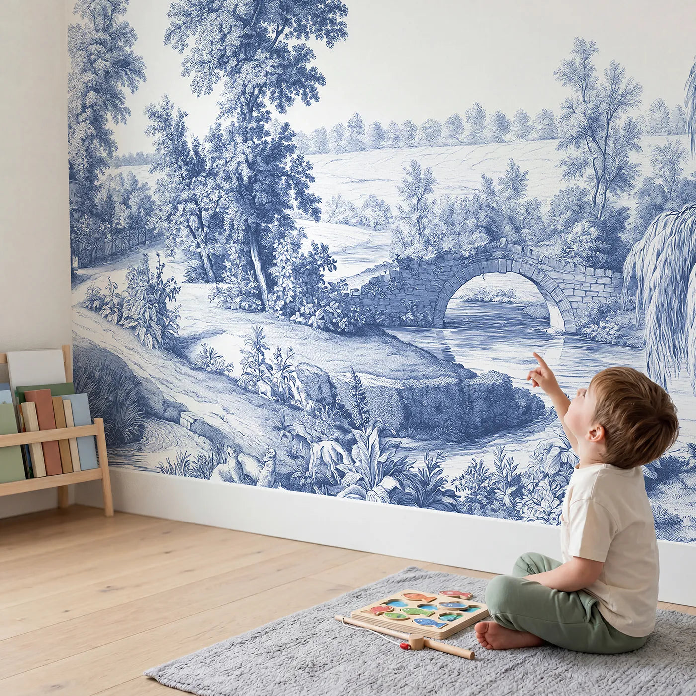 Child in nursery with Old Stone Bridge Wallpaper Mural by Whimsy Tots
