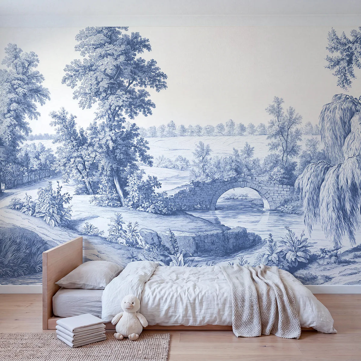 Old Stone Bridge Wallpaper Mural in playroom setting by Whimsy Tots
