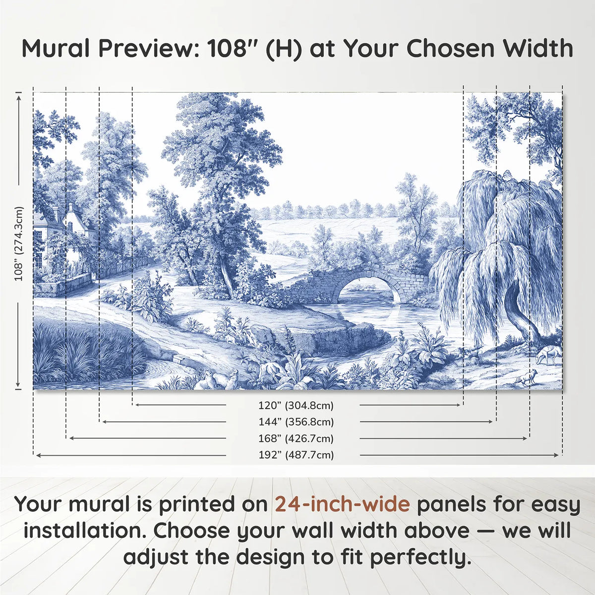 Panel layout and dimensions for Old Stone Bridge Wallpaper Mural by Whimsy Tots