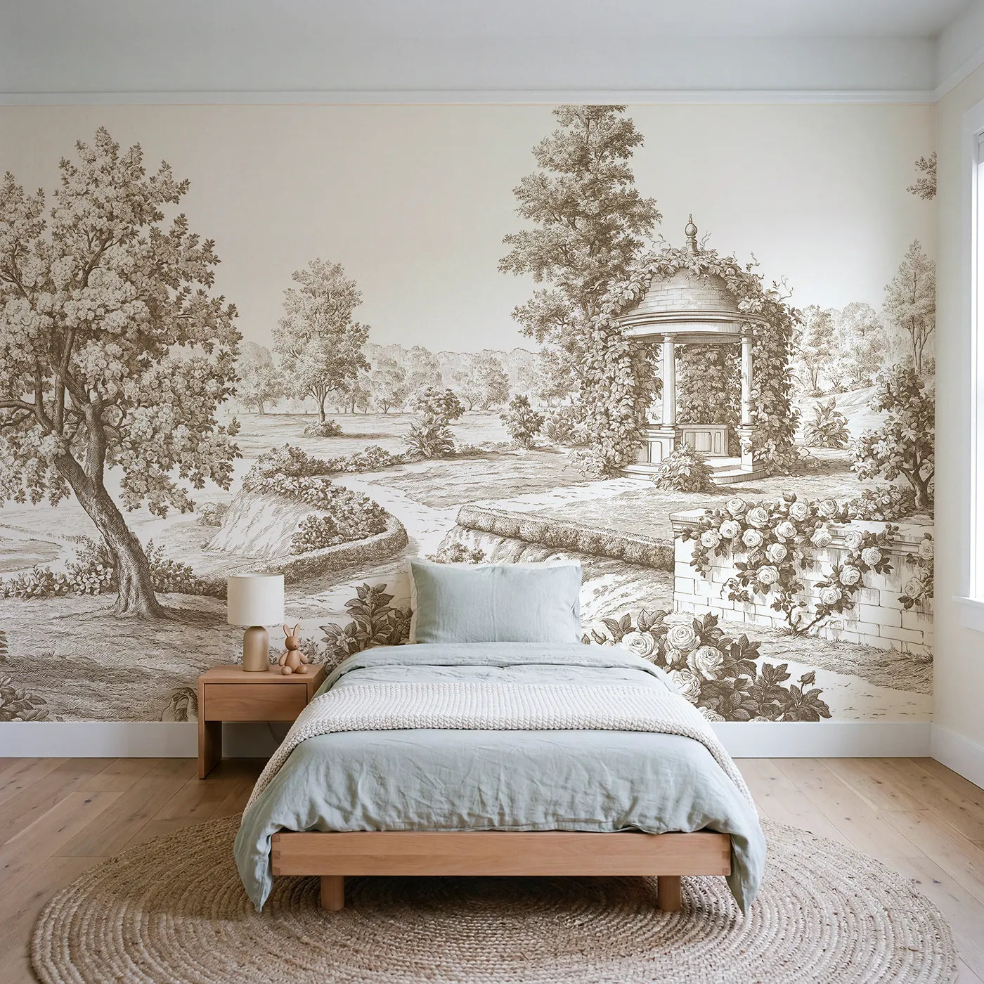 Toile wall mural of a vine-wreathed gazebo in brown ink by Whimsy Tots