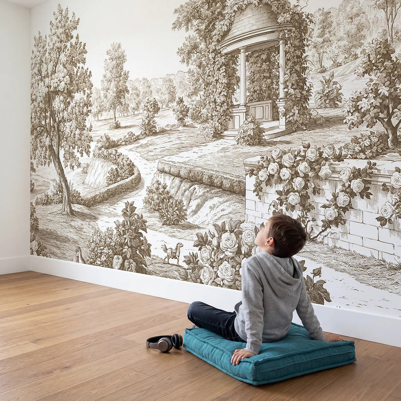 Child in nursery with Village Gazebo Garden Wallpaper Mural in Brown by Whimsy Tots