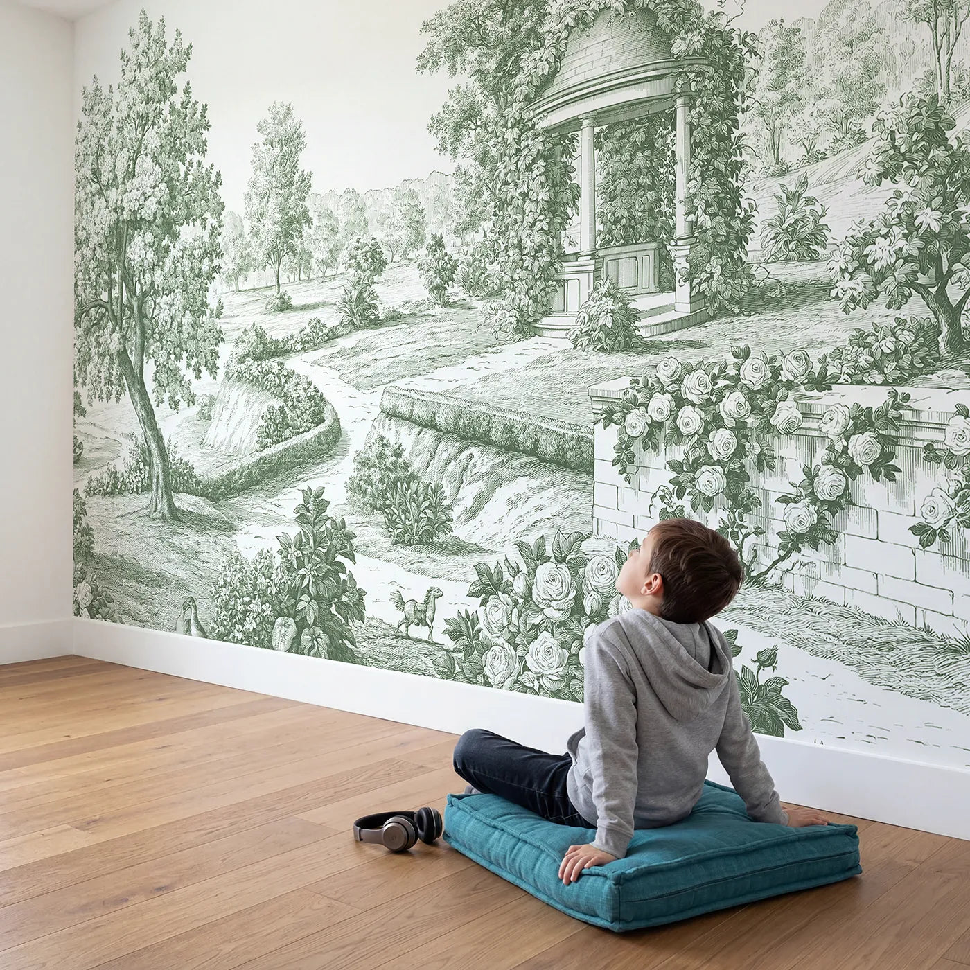 Child in nursery with Village Gazebo Garden Wallpaper Mural in Green by Whimsy Tots