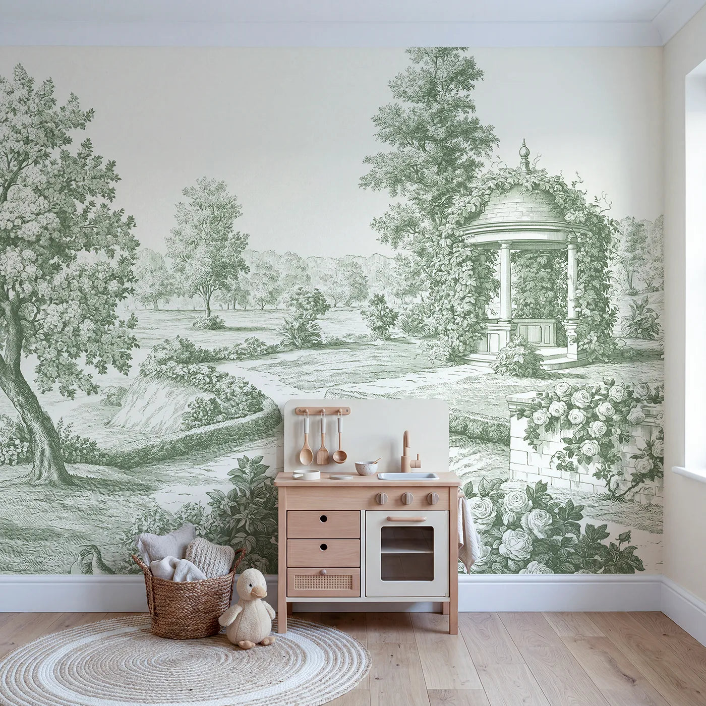 Village Gazebo Garden Wallpaper Mural in Green in playroom setting by Whimsy Tots