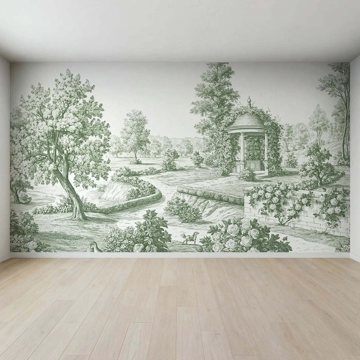 Full view of Village Gazebo Garden Wallpaper Mural in Green by Whimsy Tots