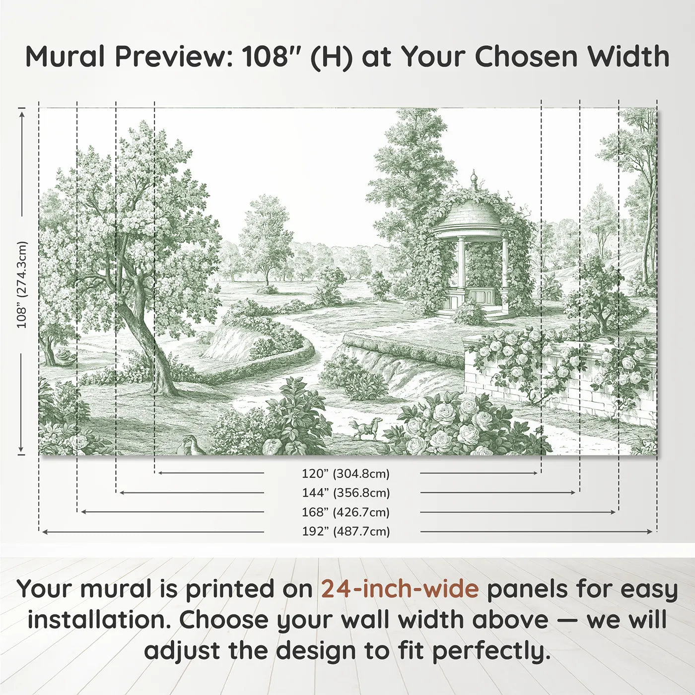 Panel layout and dimensions for Village Gazebo Garden Wallpaper Mural in Green by Whimsy Tots