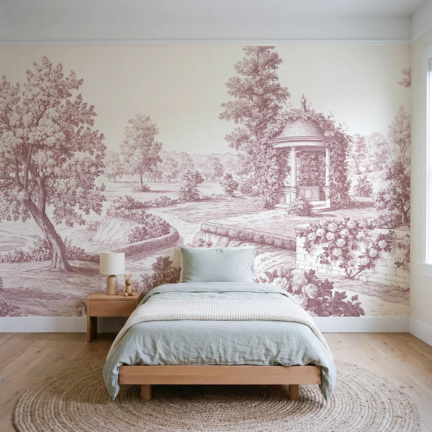Toile wall mural of a vine-wreathed gazebo in pink ink by Whimsy Tots