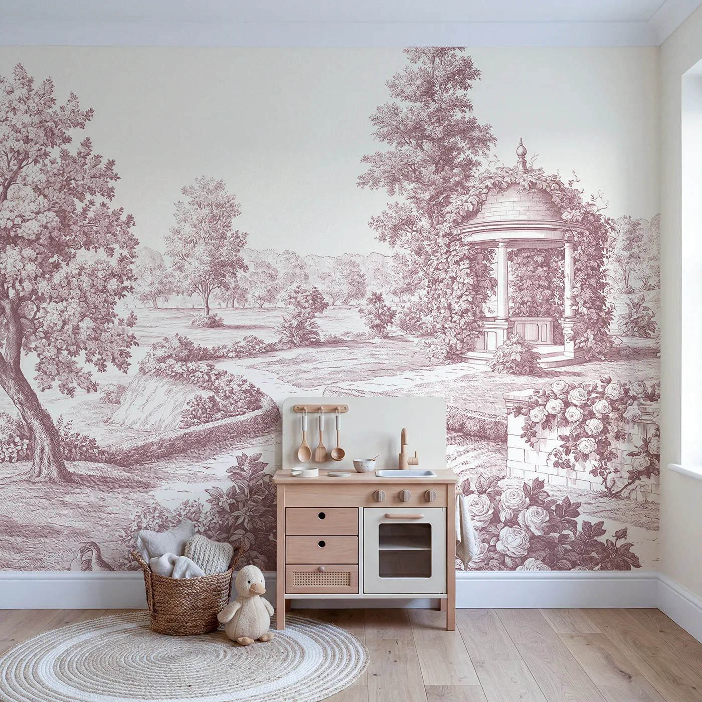 Village Gazebo Garden Wallpaper Mural in Pink in playroom setting by Whimsy Tots