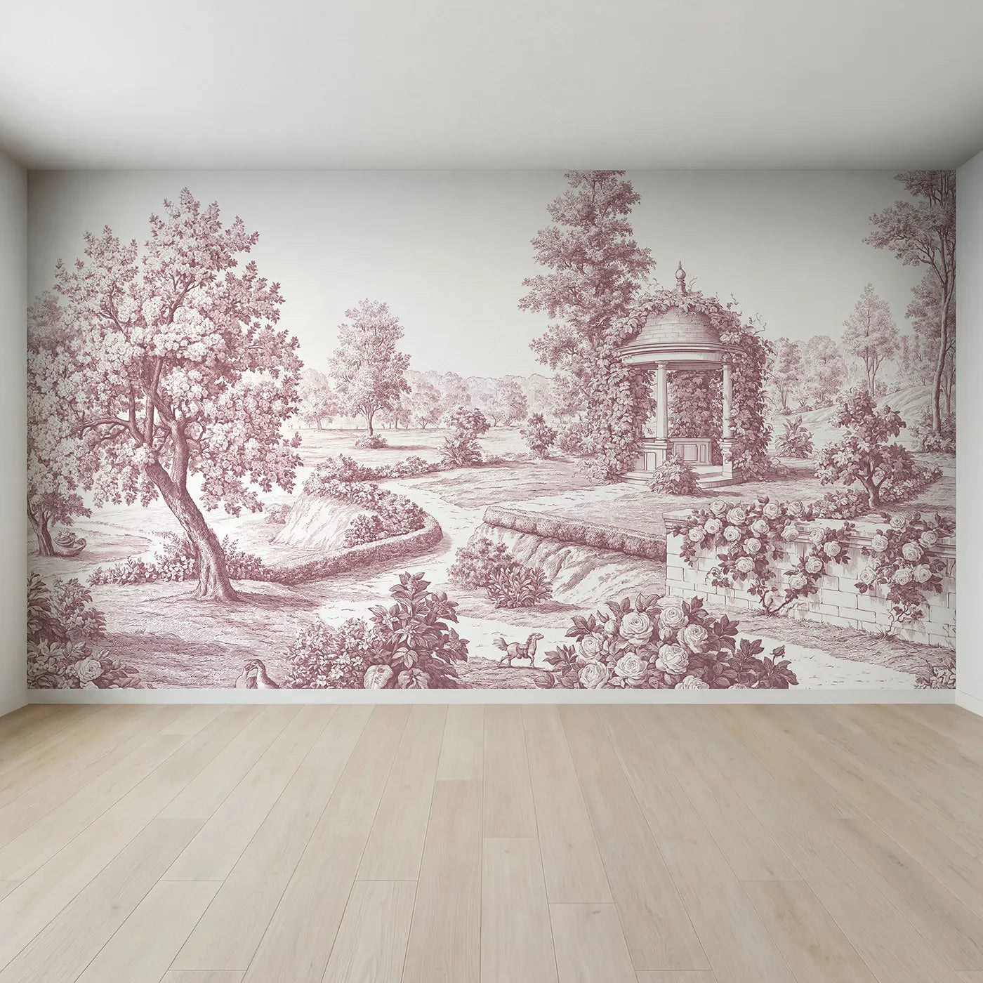Full view of Village Gazebo Garden Wallpaper Mural in Pink by Whimsy Tots
