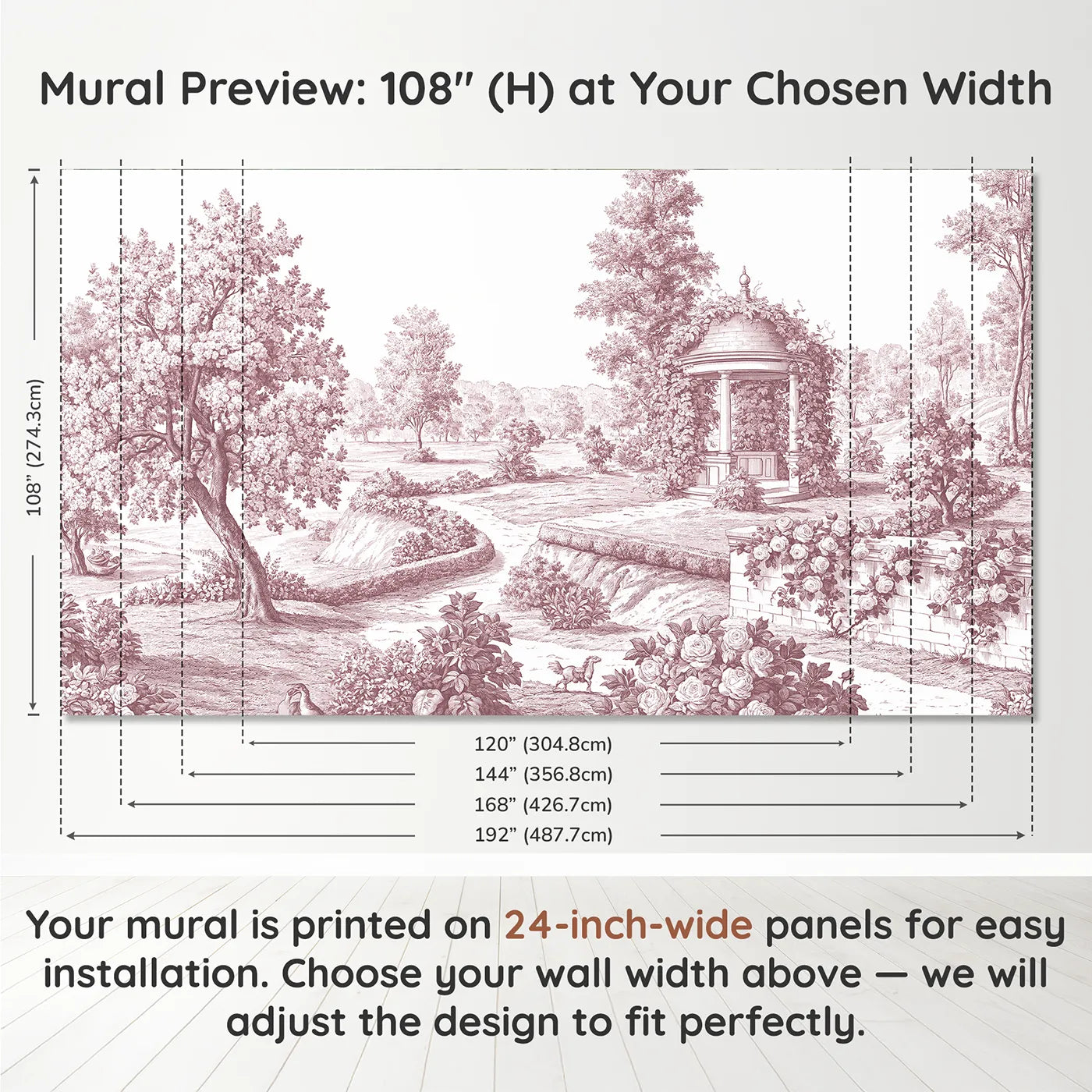 Panel layout and dimensions for Village Gazebo Garden Wallpaper Mural in Pink by Whimsy Tots