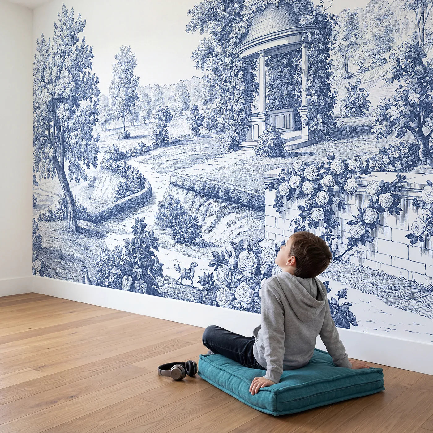 Child in nursery with Village Gazebo Garden Wallpaper Mural by Whimsy Tots