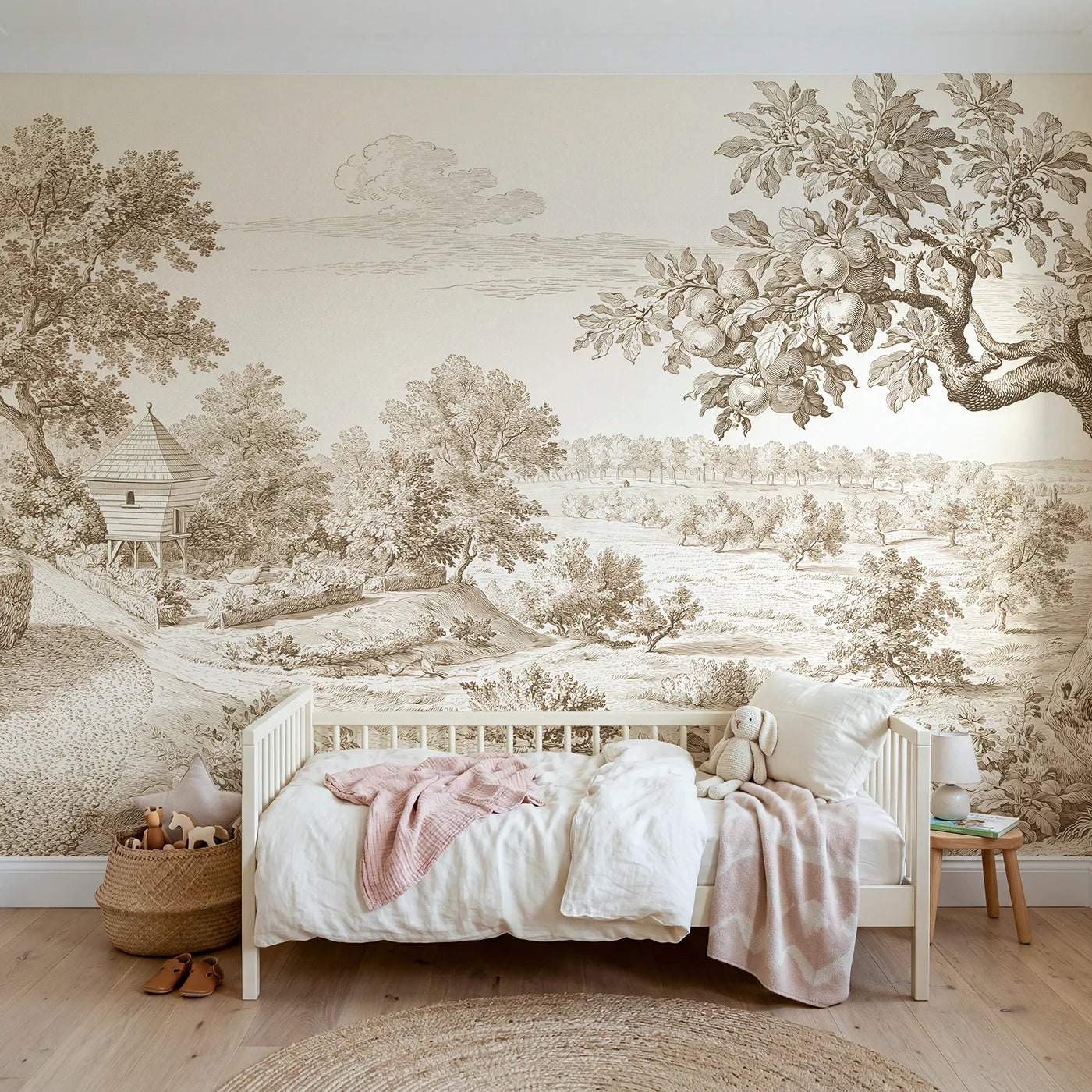 Toile wall mural of a dovecote in a garden corner in brown ink by Whimsy Tots