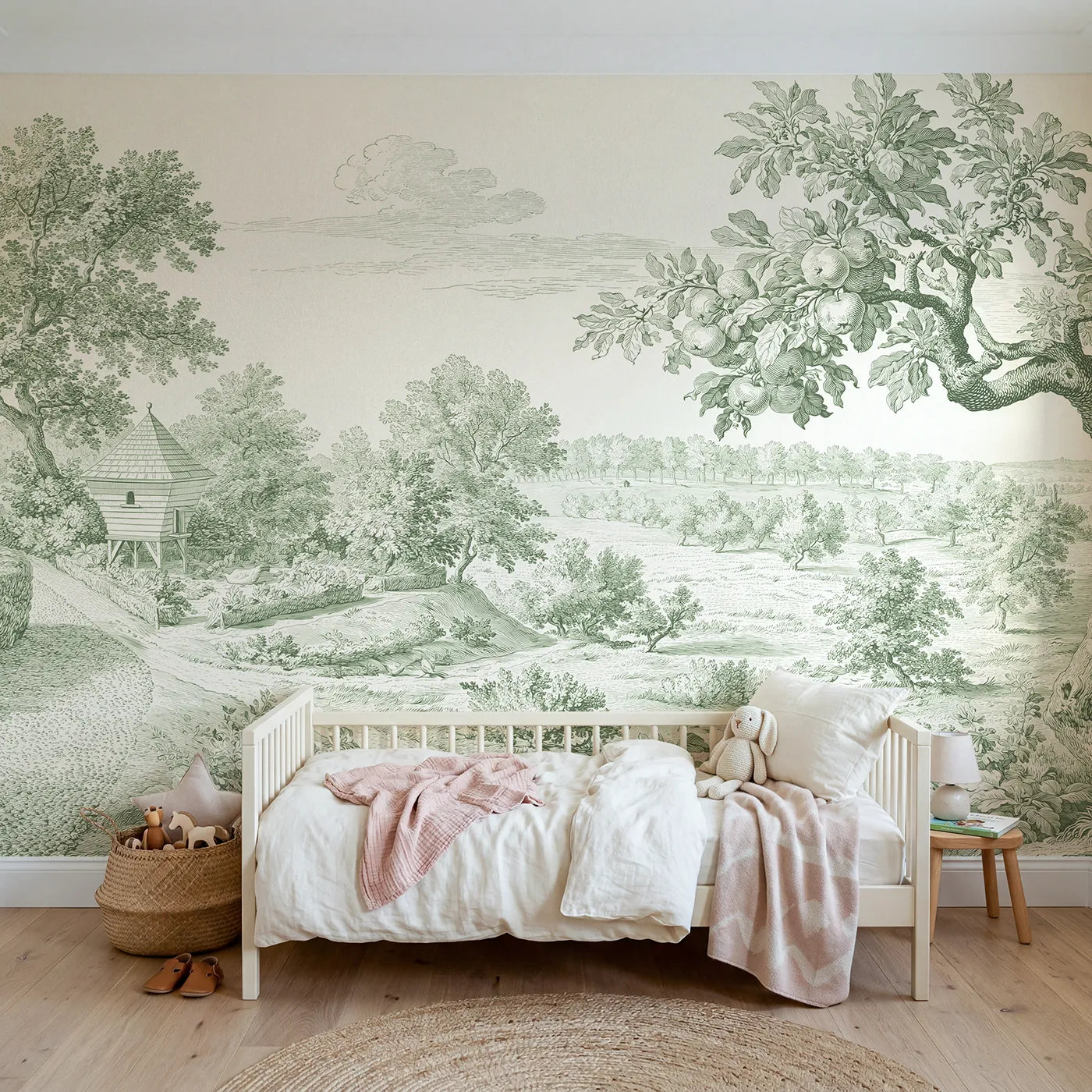 Toile wall mural of a dovecote in a garden corner in green ink by Whimsy Tots