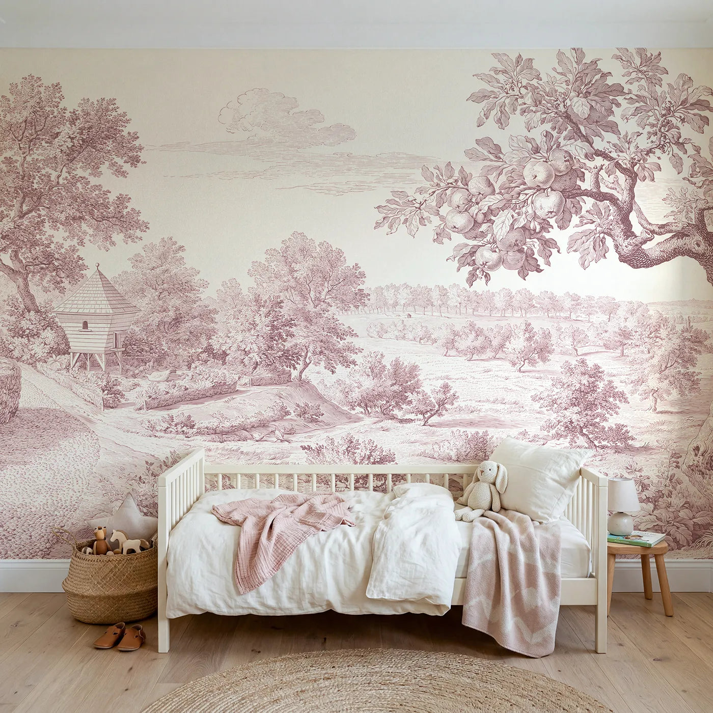 Toile wall mural of a dovecote in a garden corner in pink ink by Whimsy Tots
