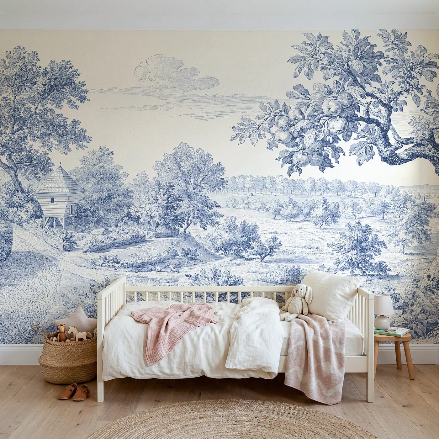 Toile wall mural of a dovecote in a garden corner in single ink by Whimsy Tots