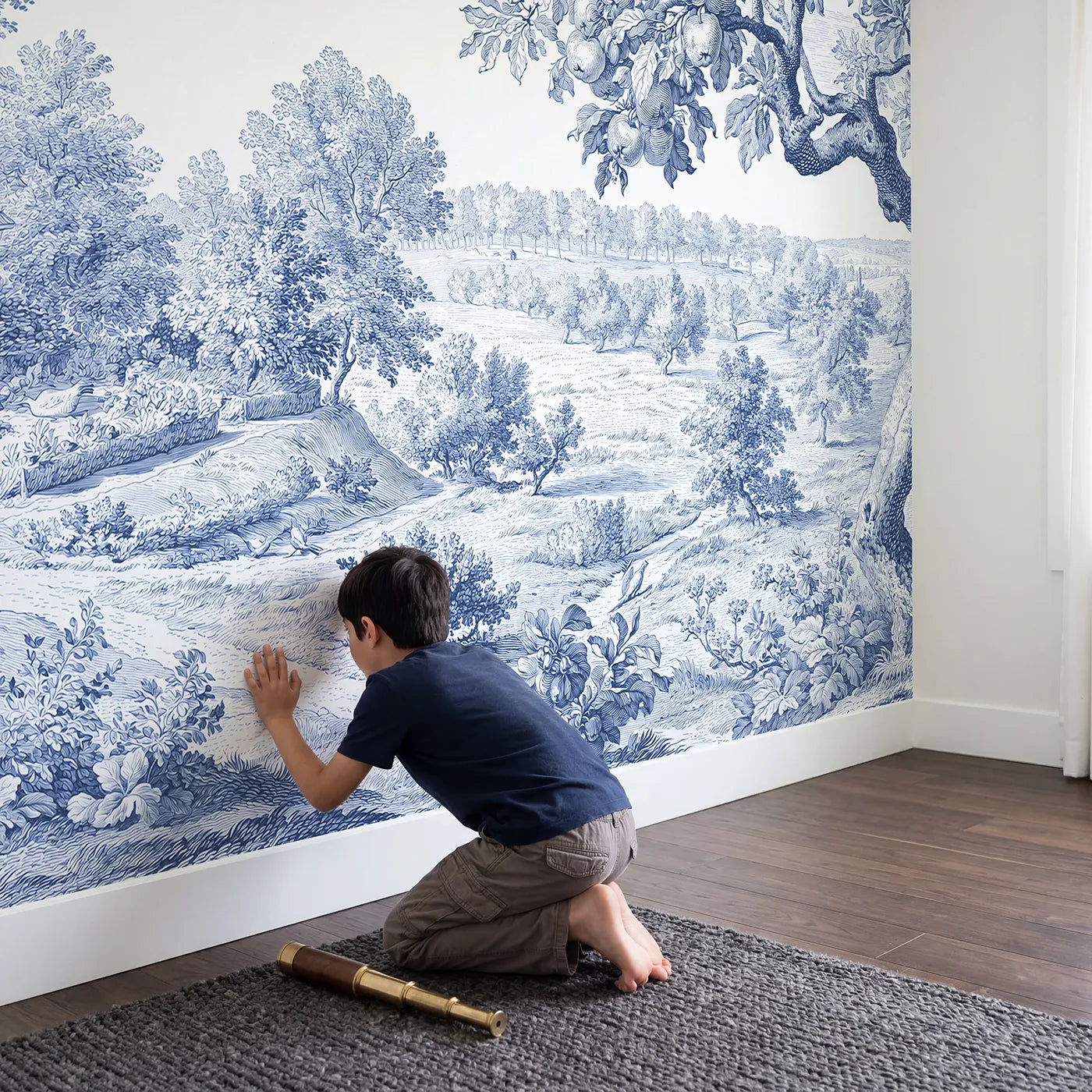 Child in nursery with Dovecote Garden Corner Wallpaper Mural by Whimsy Tots