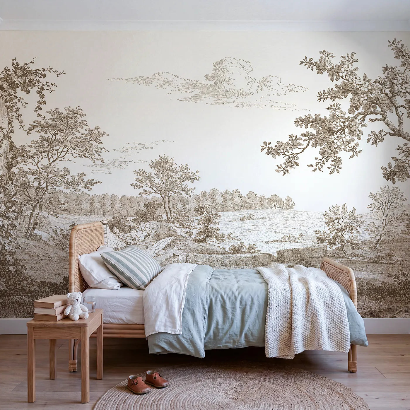 Toile wall mural of a walled garden gate in brown ink by Whimsy Tots