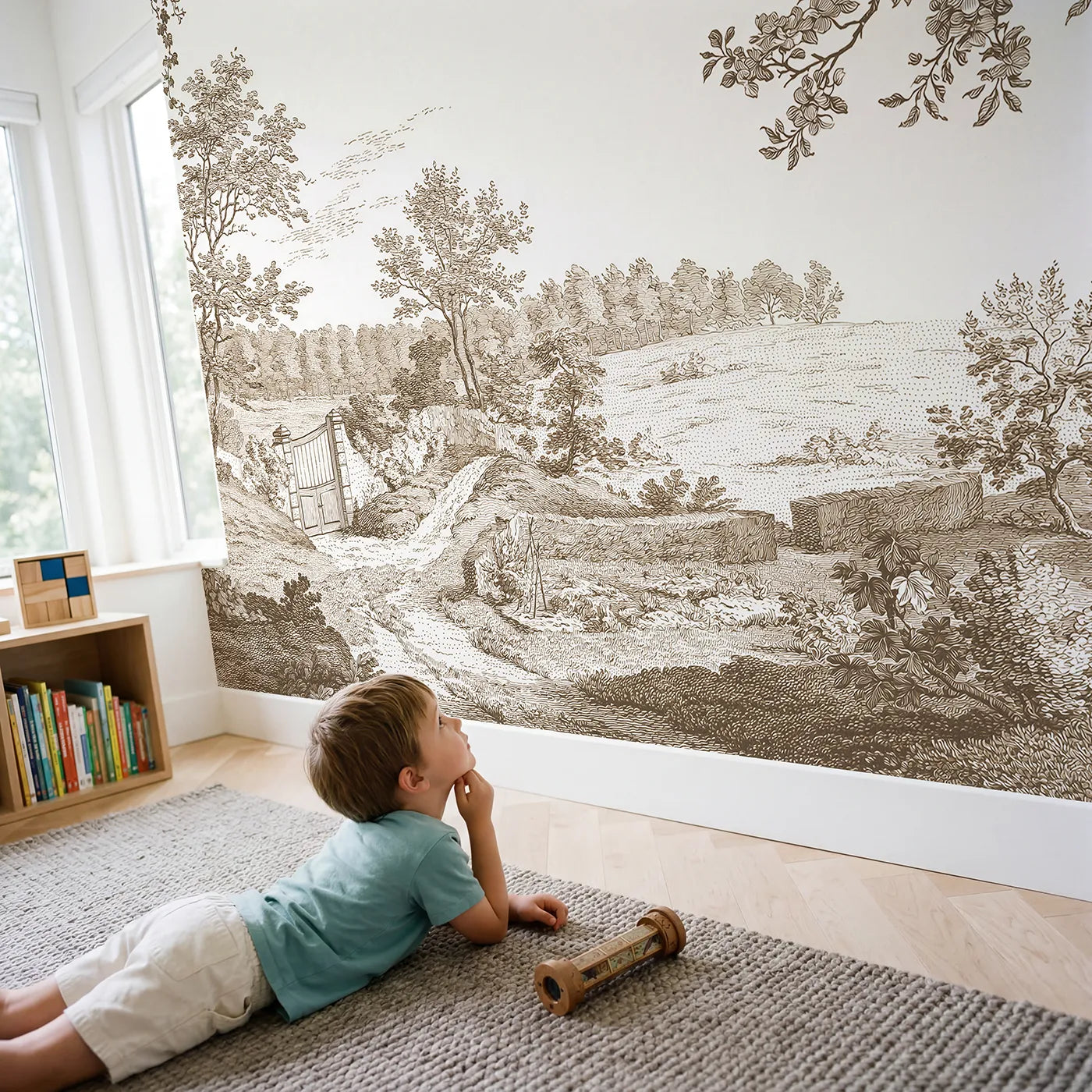 Child in nursery with Walled Garden Gate Wallpaper Mural in Brown by Whimsy Tots