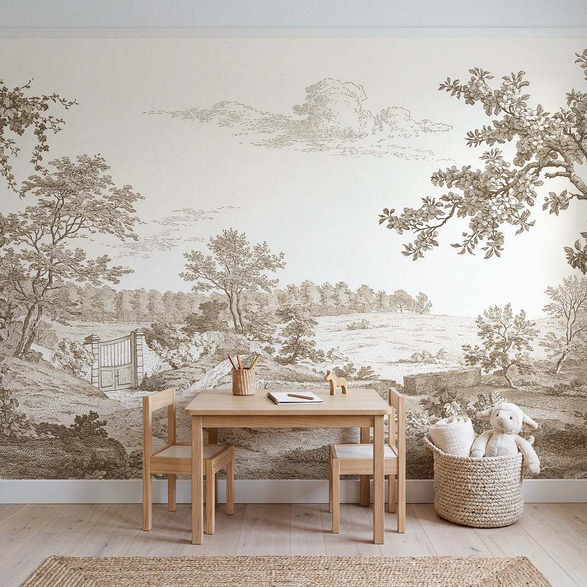 Walled Garden Gate Wallpaper Mural in Brown in playroom setting by Whimsy Tots