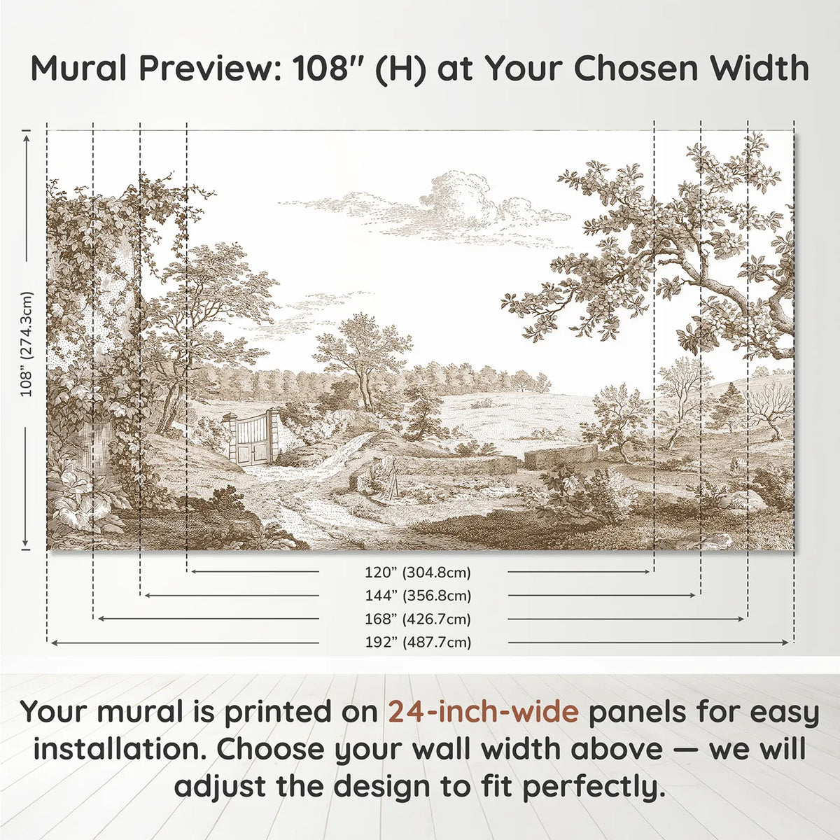 Panel layout and dimensions for Walled Garden Gate Wallpaper Mural in Brown by Whimsy Tots