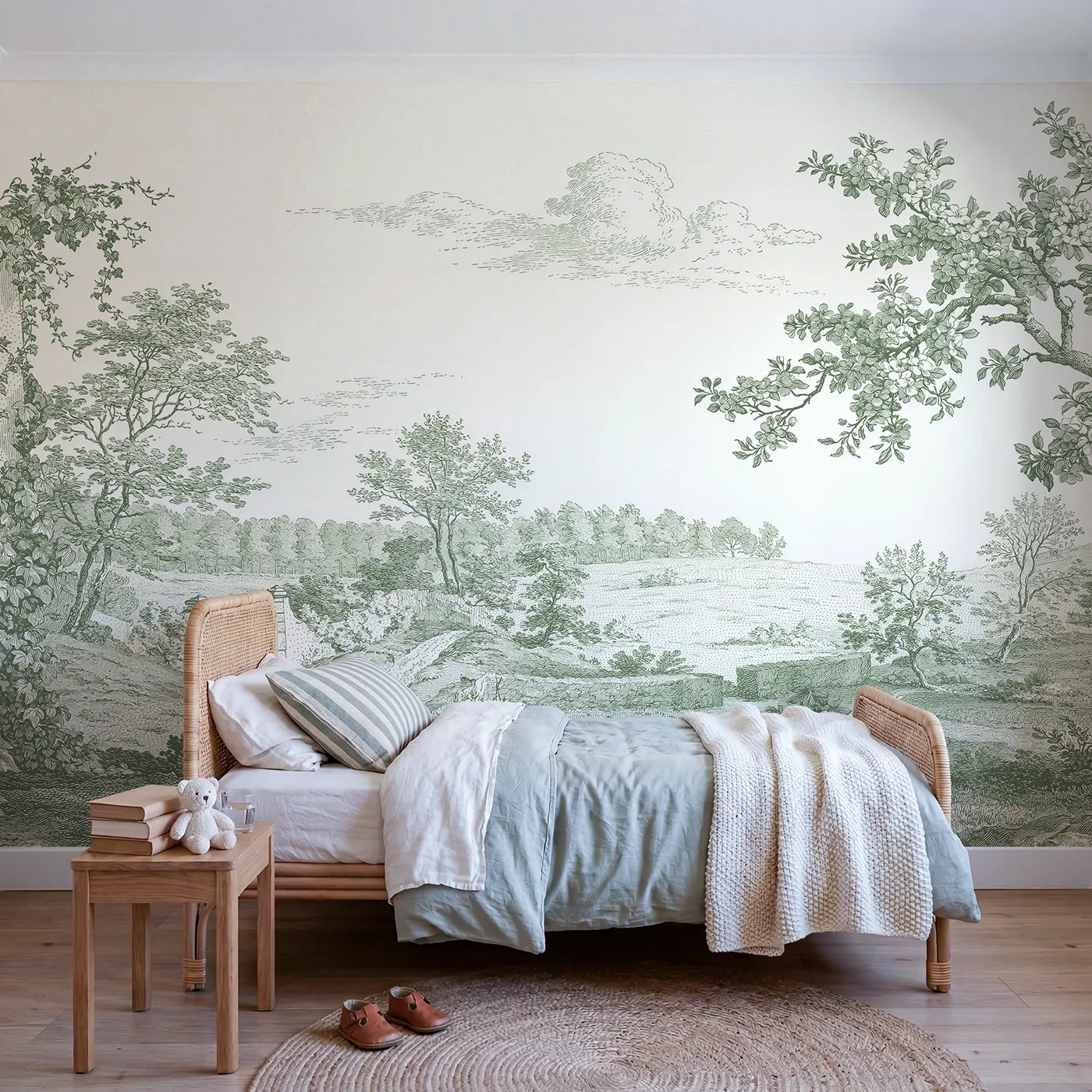 Toile wall mural of a walled garden gate in green ink by Whimsy Tots