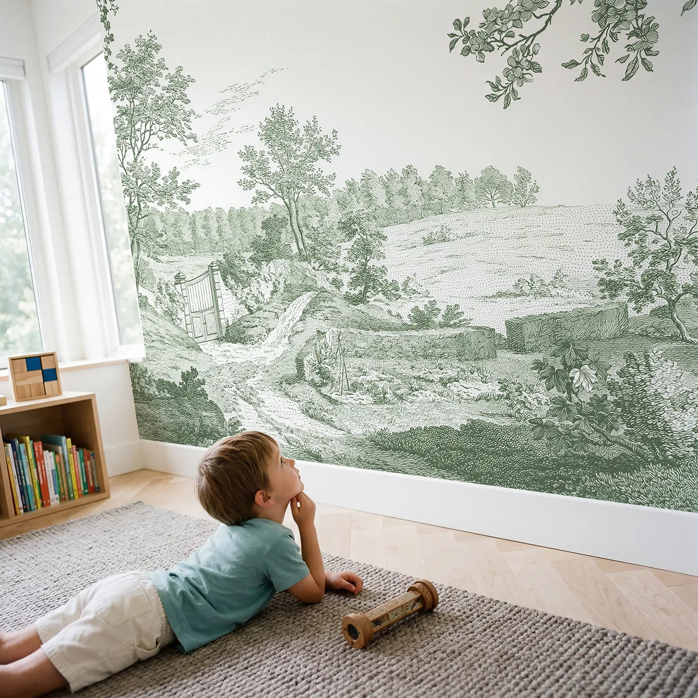 Child in nursery with Walled Garden Gate Wallpaper Mural in Green by Whimsy Tots
