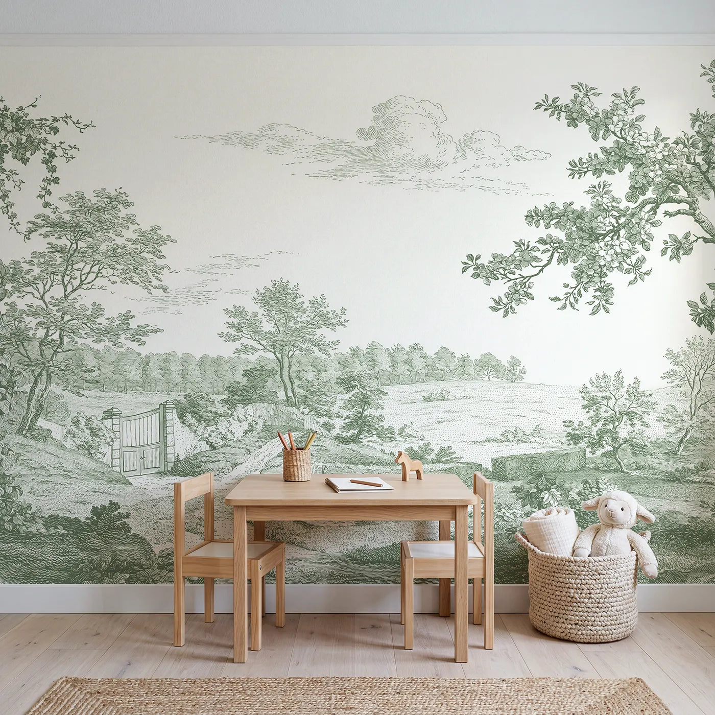 Walled Garden Gate Wallpaper Mural in Green in playroom setting by Whimsy Tots