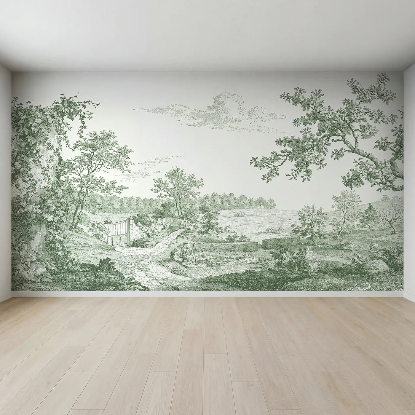 Full view of Walled Garden Gate Wallpaper Mural in Green by Whimsy Tots