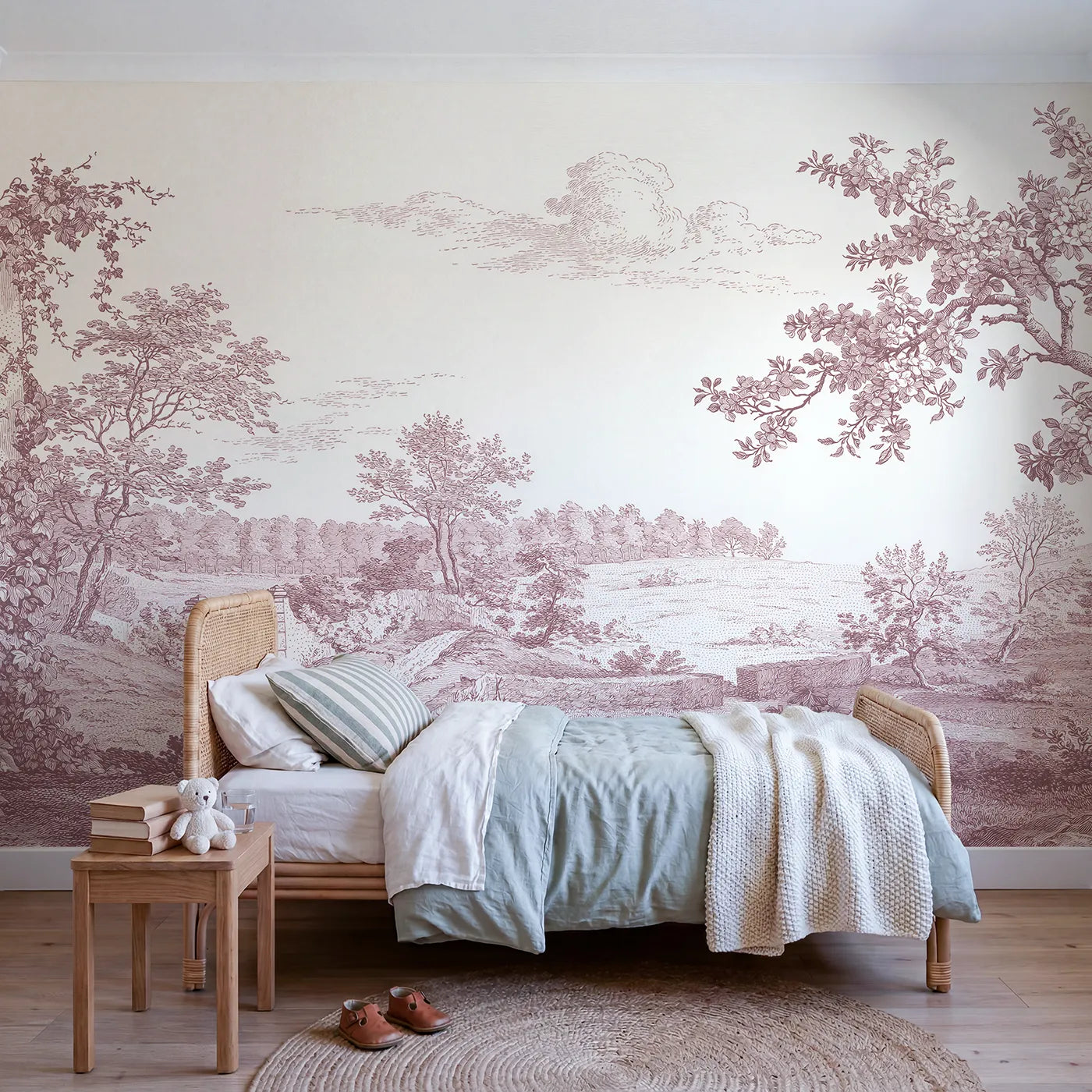 Toile wall mural of a walled garden gate in pink ink by Whimsy Tots