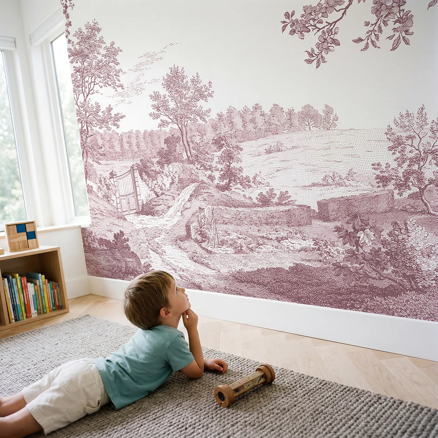 Child in nursery with Walled Garden Gate Wallpaper Mural in Pink by Whimsy Tots