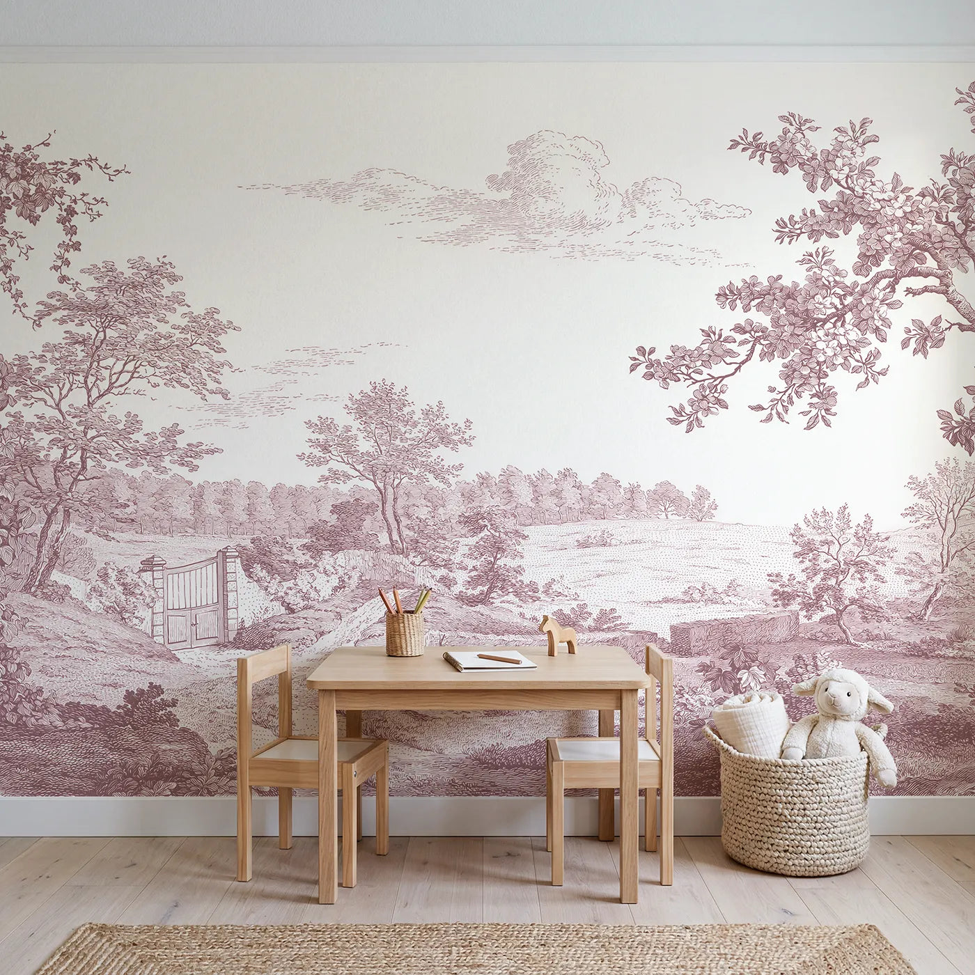 Walled Garden Gate Wallpaper Mural in Pink in playroom setting by Whimsy Tots