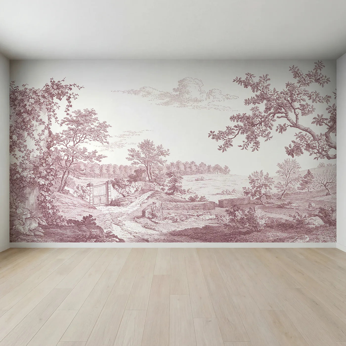 Full view of Walled Garden Gate Wallpaper Mural in Pink by Whimsy Tots