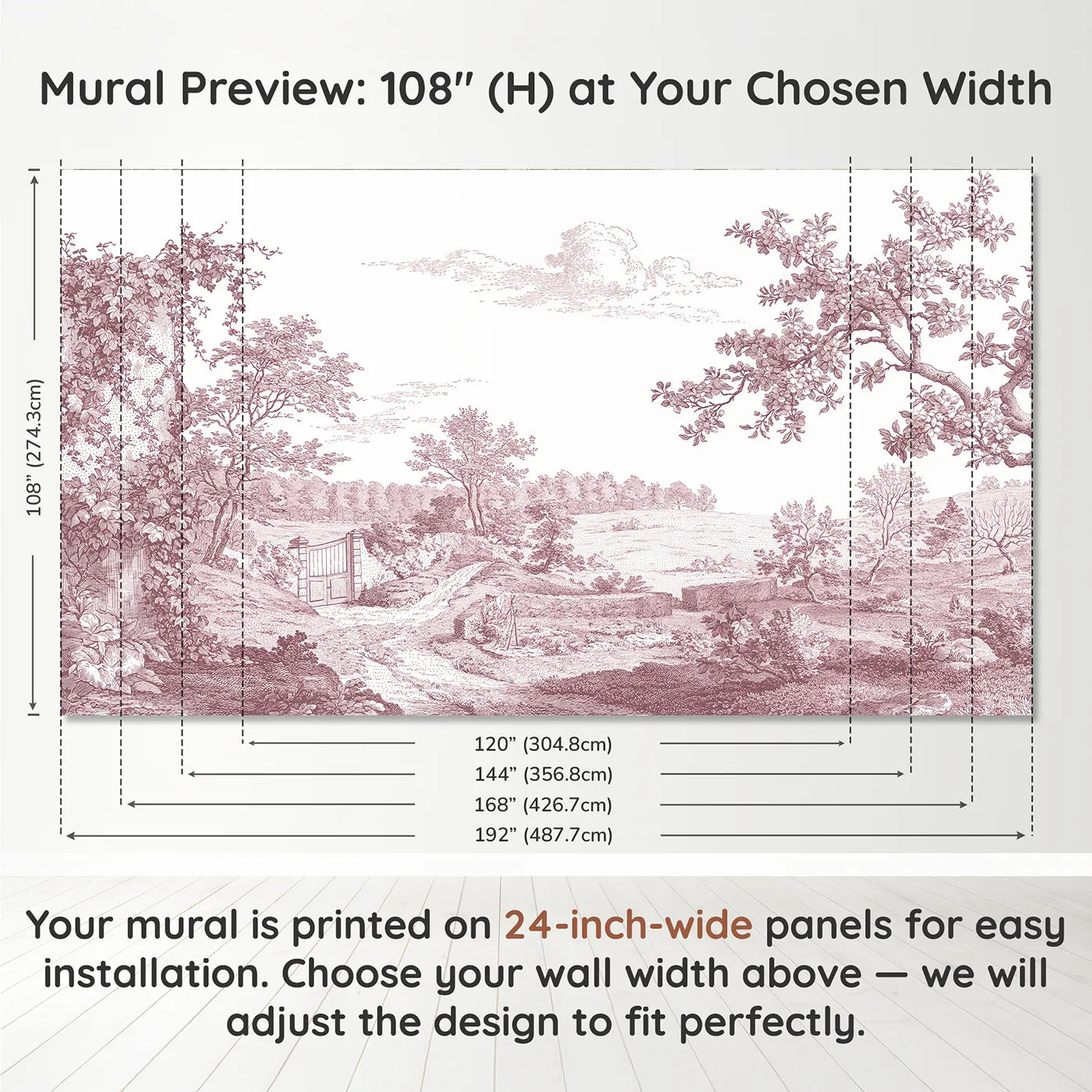 Panel layout and dimensions for Walled Garden Gate Wallpaper Mural in Pink by Whimsy Tots