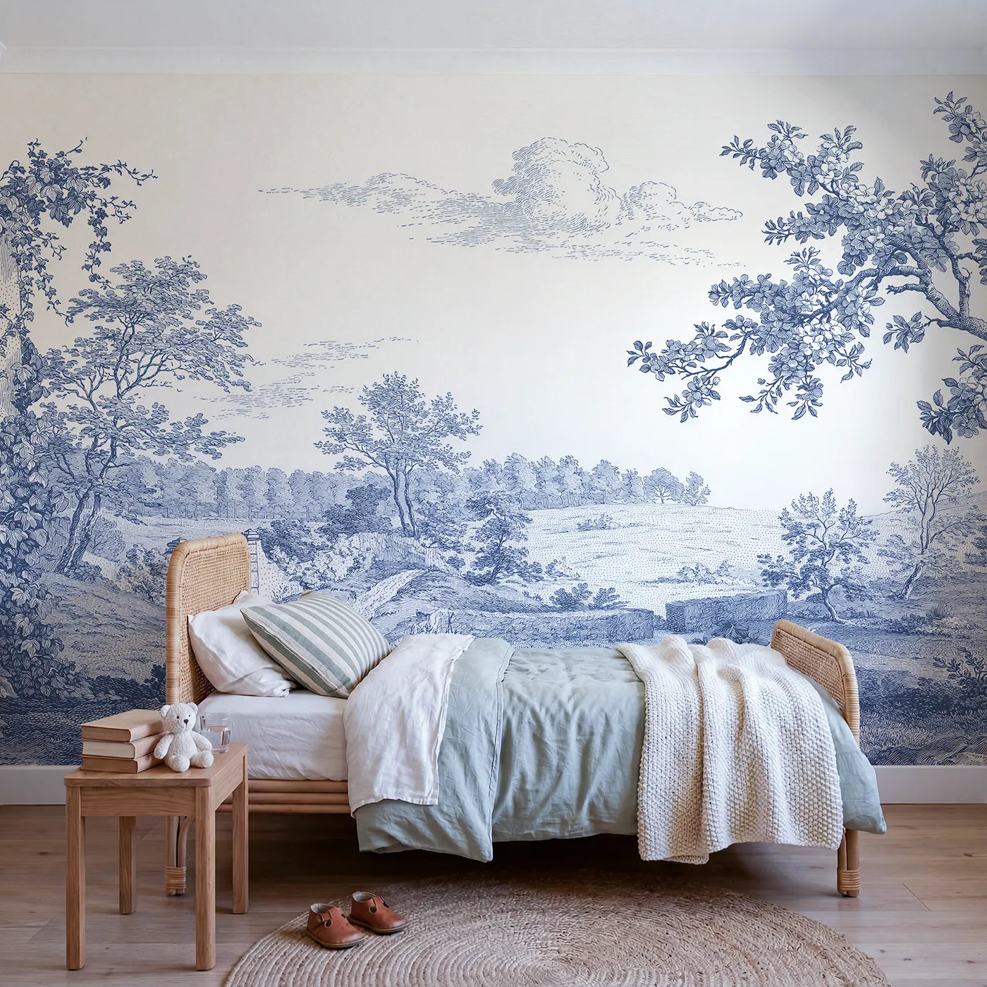 Toile wall mural of a walled garden gate in single ink by Whimsy Tots