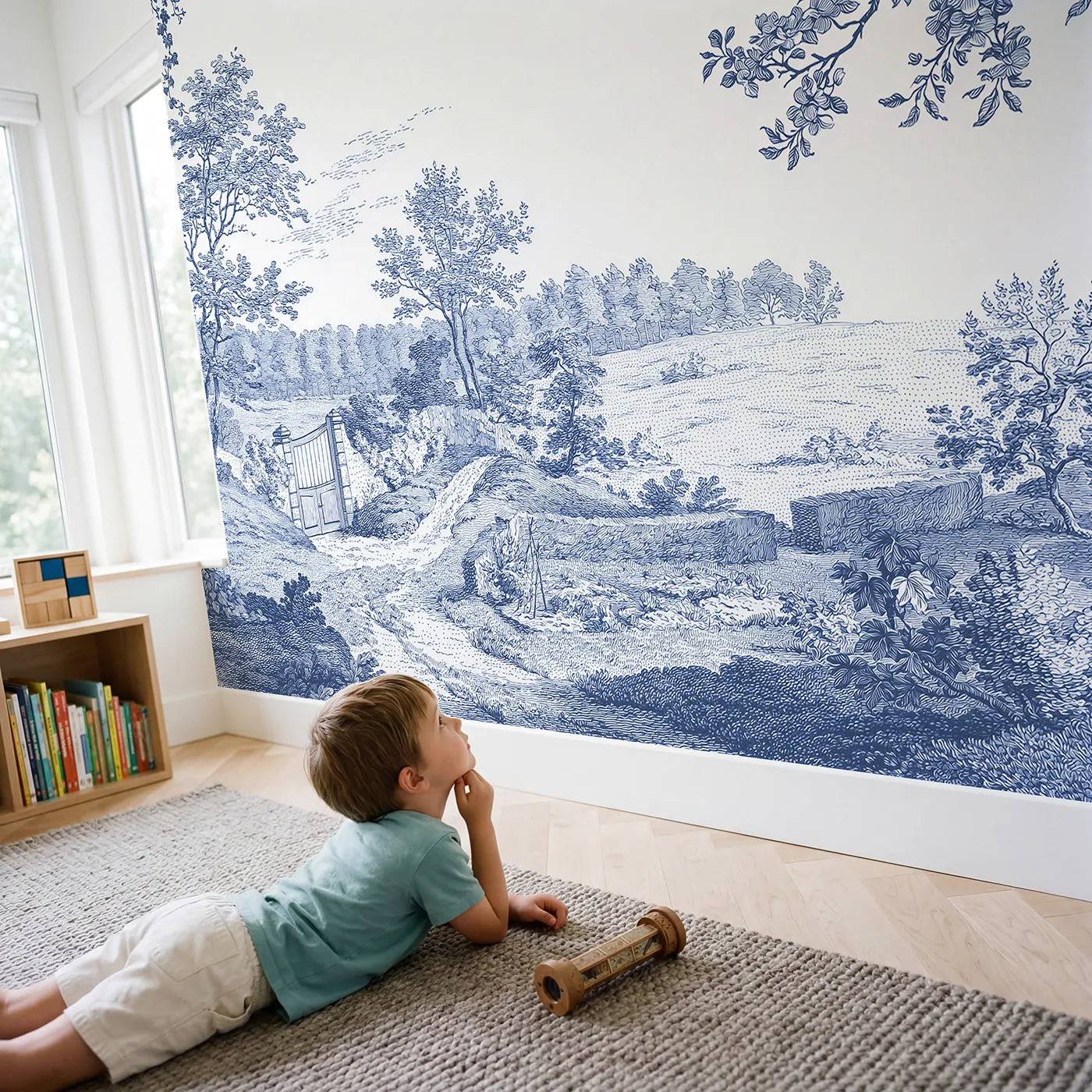 Child in nursery with Walled Garden Gate Wallpaper Mural by Whimsy Tots
