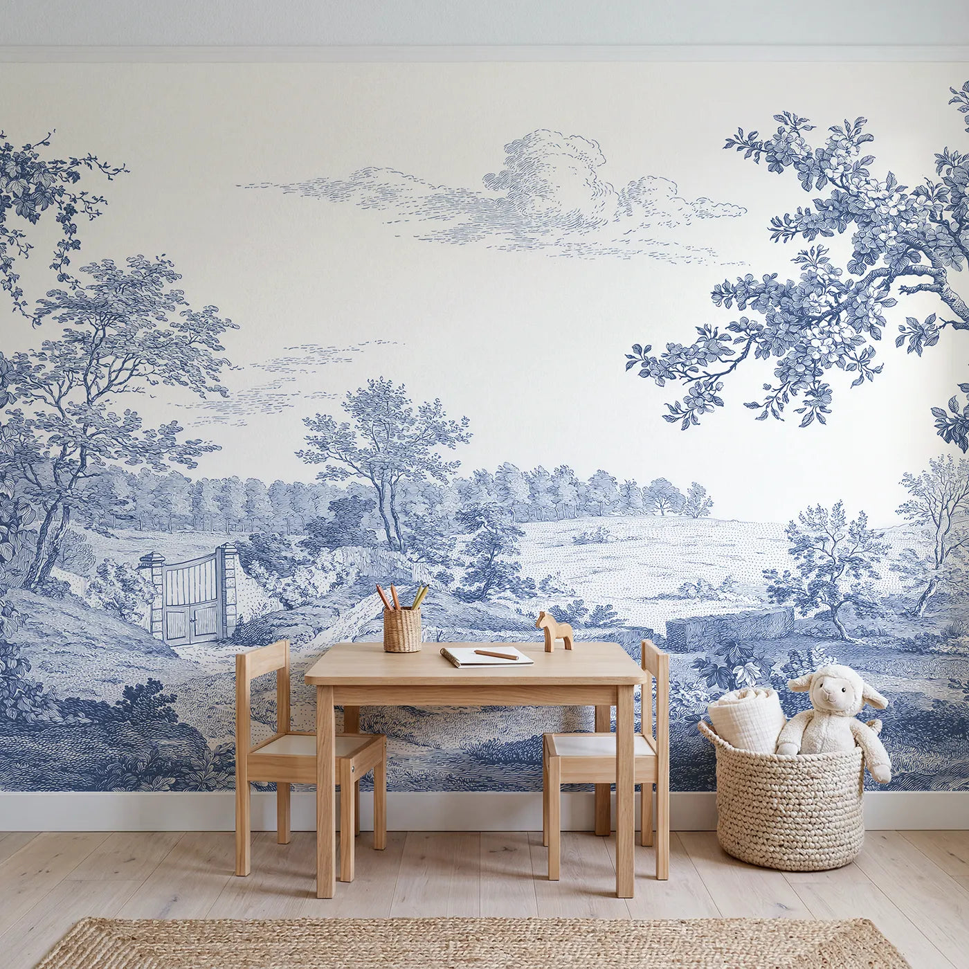 Walled Garden Gate Wallpaper Mural in playroom setting by Whimsy Tots