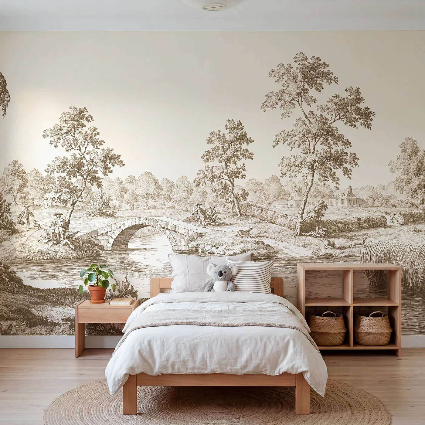 Toile wall mural of a stone arch bridge in brown ink by Whimsy Tots