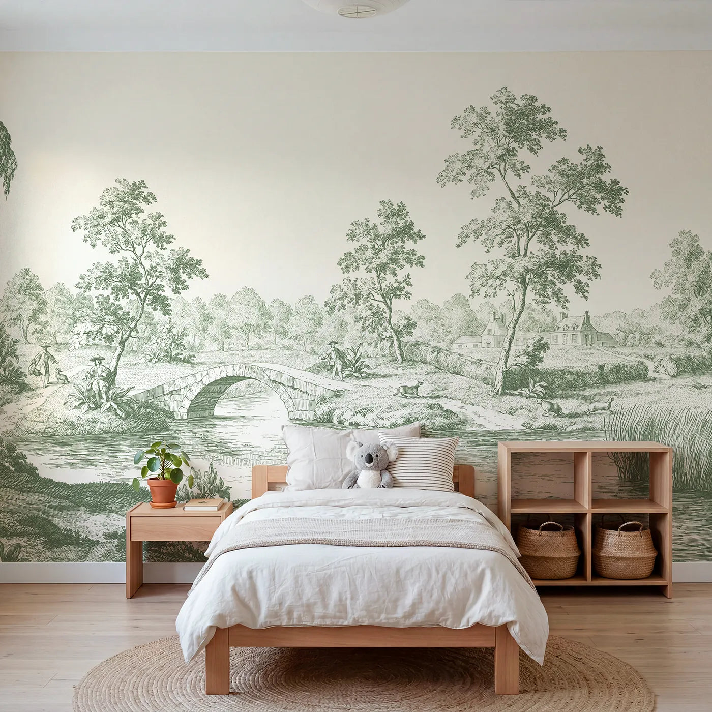 Toile wall mural of a stone arch bridge in green ink by Whimsy Tots