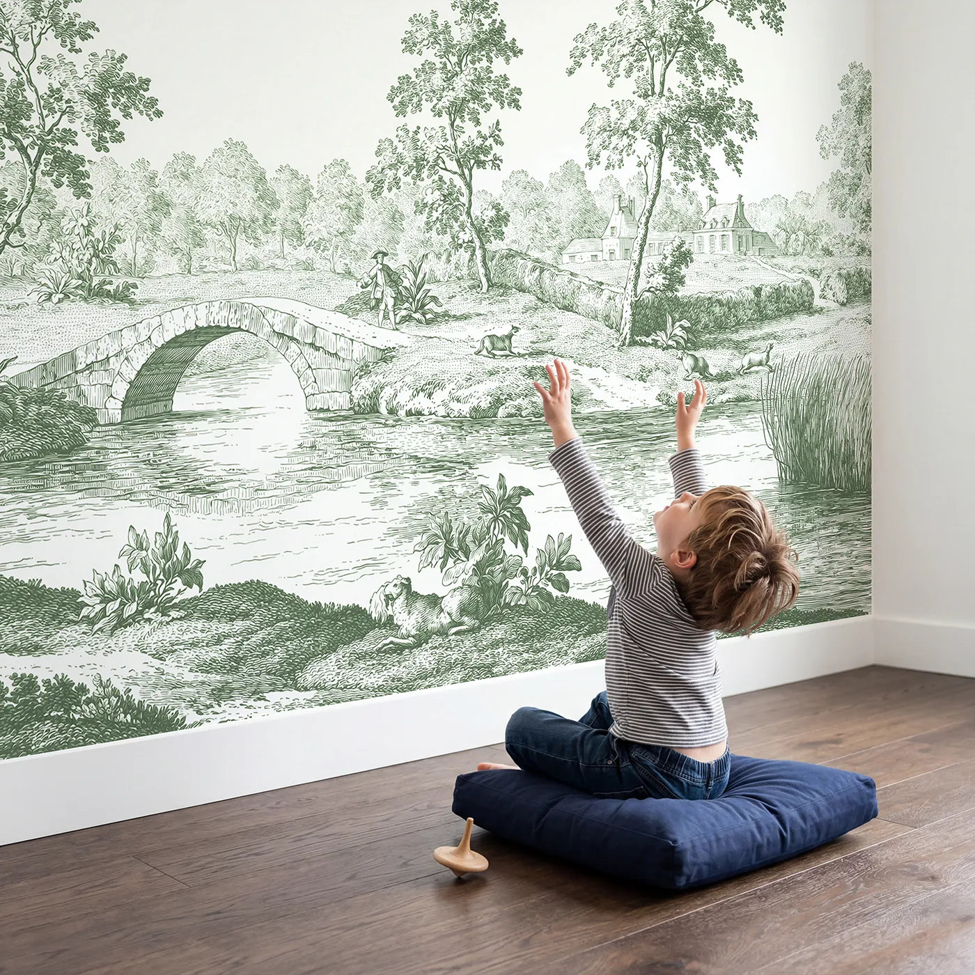 Child in nursery with Stone Arch Bridge Wallpaper Mural in Green by Whimsy Tots