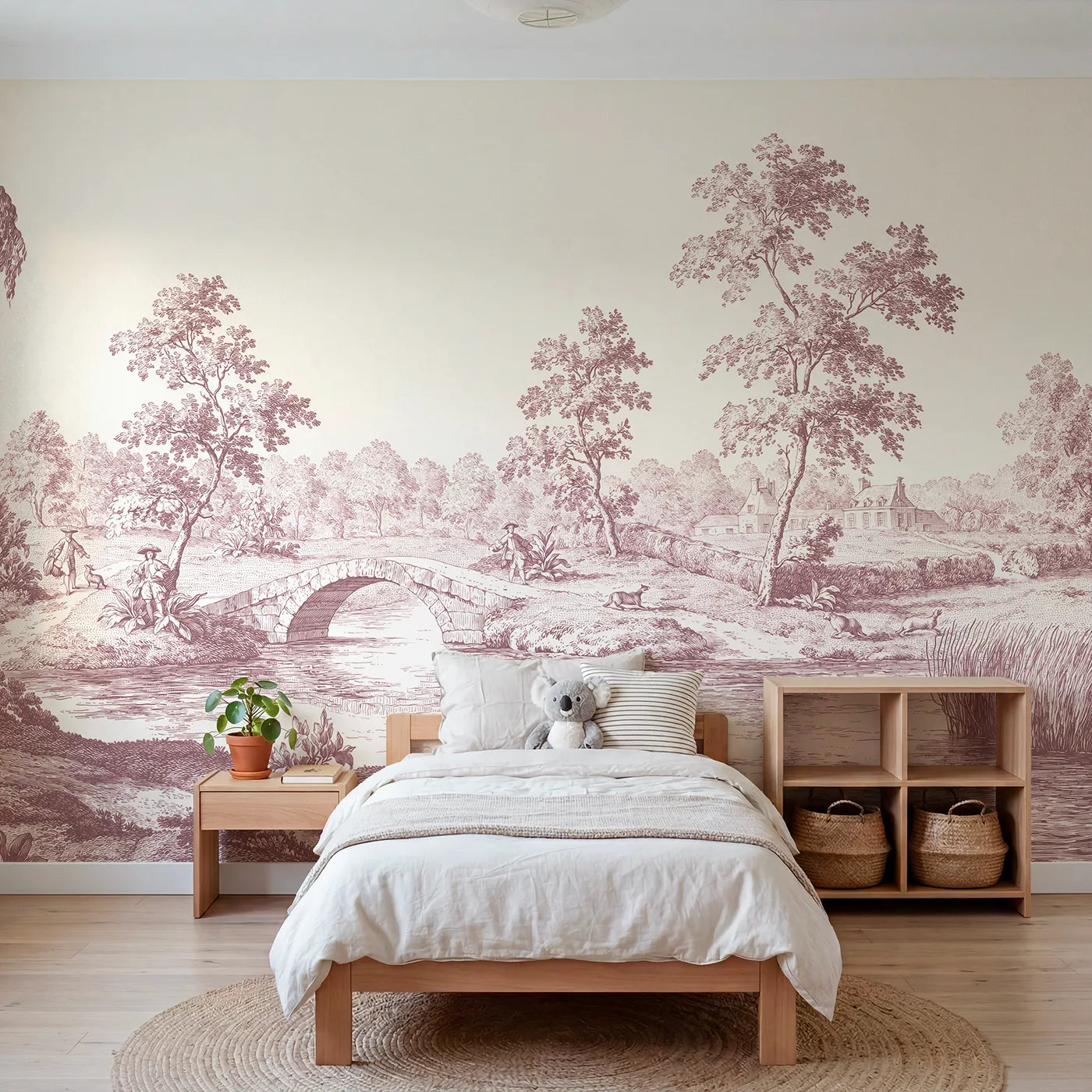 Toile wall mural of a stone arch bridge in pink ink by Whimsy Tots