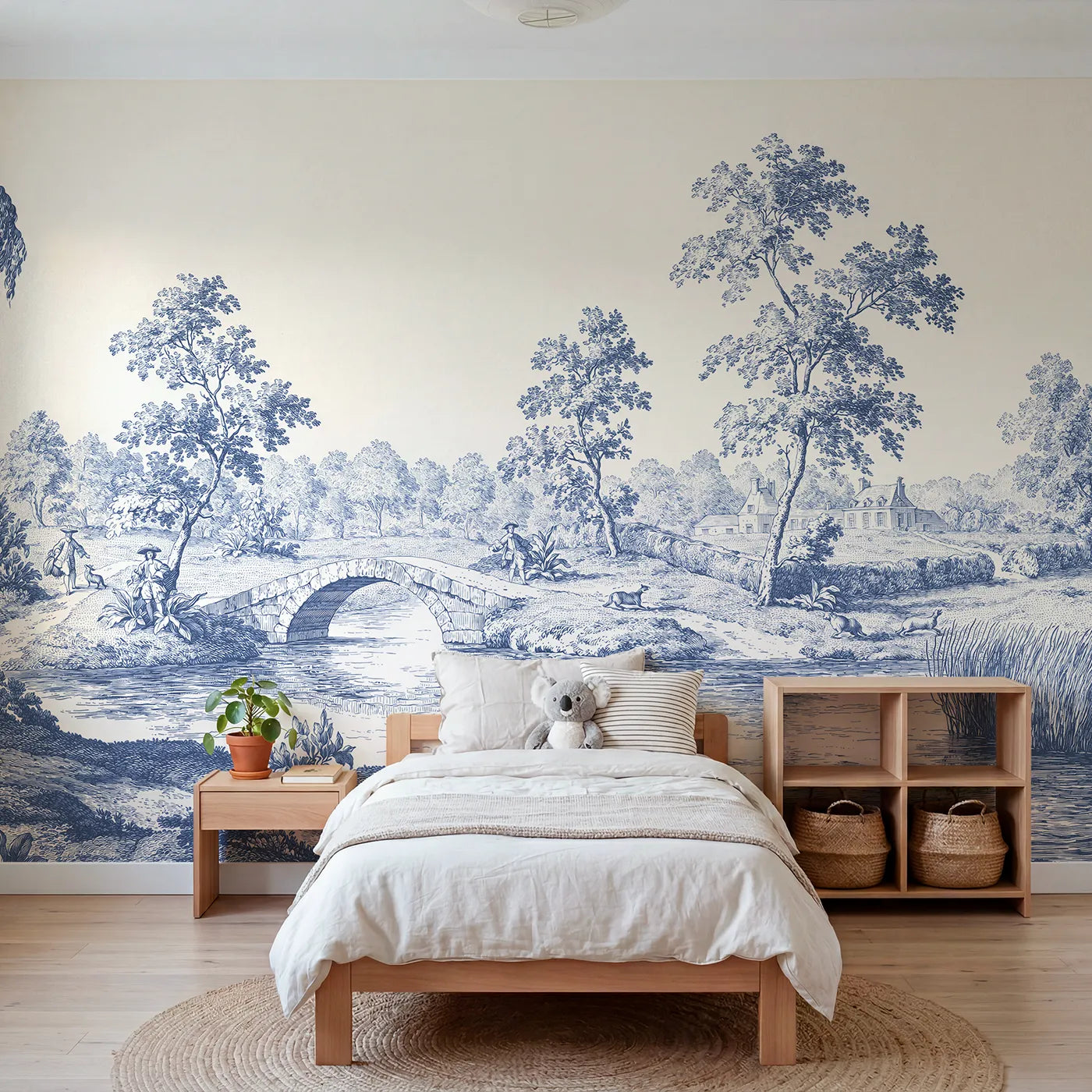 Toile wall mural of a stone arch bridge in single ink by Whimsy Tots
