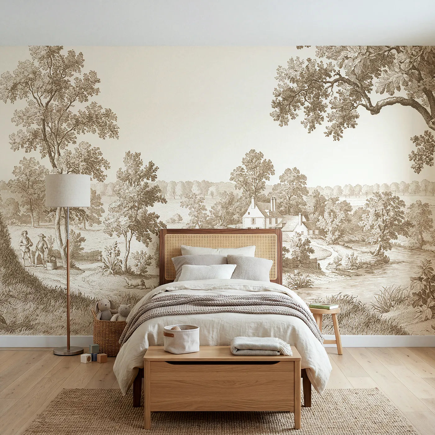 Toile wall mural of a riverside mill house in brown ink by Whimsy Tots