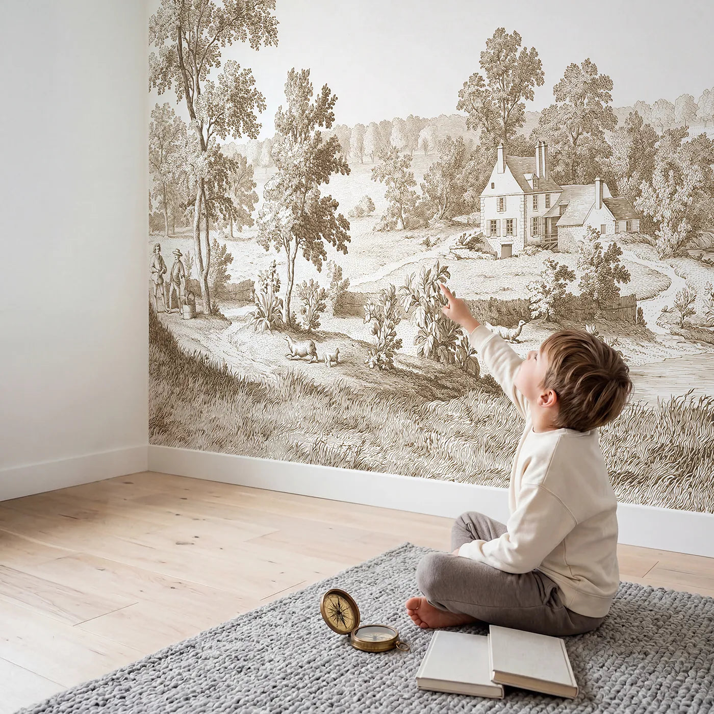 Child in nursery with Riverside Mill House Wallpaper Mural in Brown by Whimsy Tots