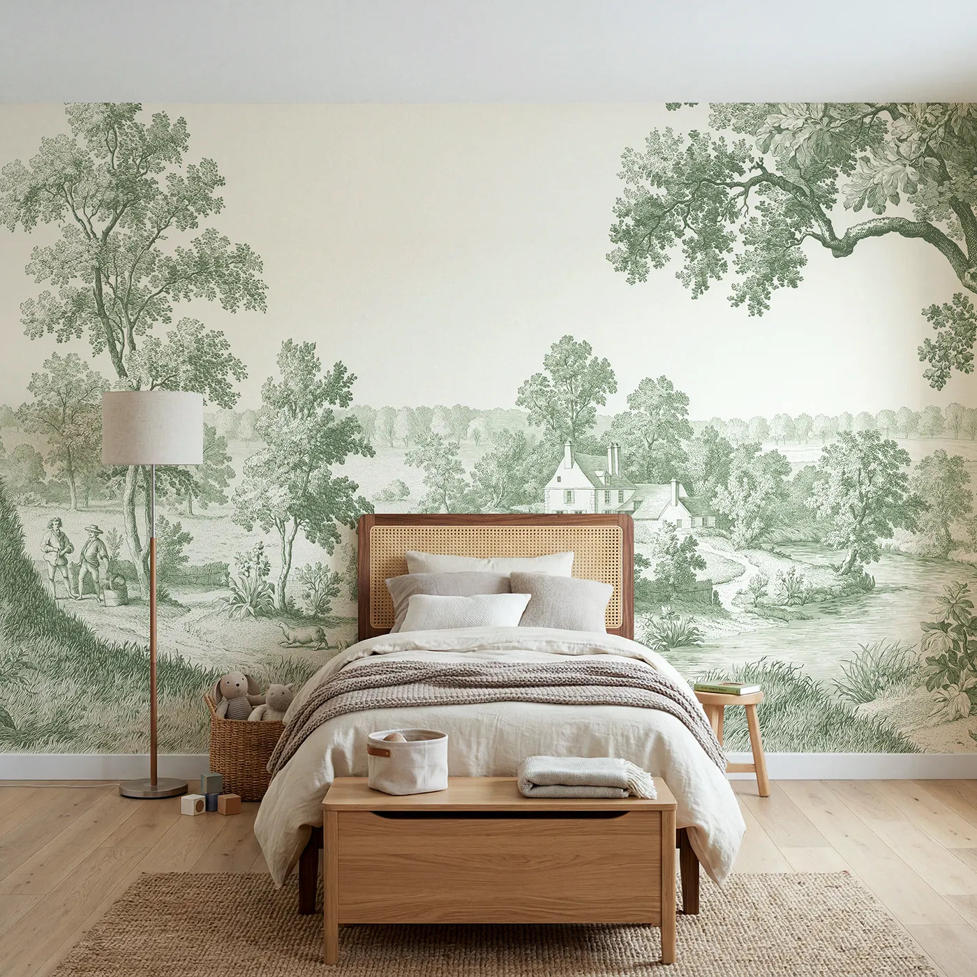Toile wall mural of a riverside mill house in green ink by Whimsy Tots