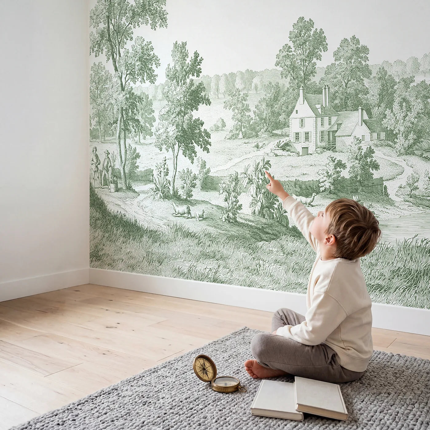 Child in nursery with Riverside Mill House Wallpaper Mural in Green by Whimsy Tots