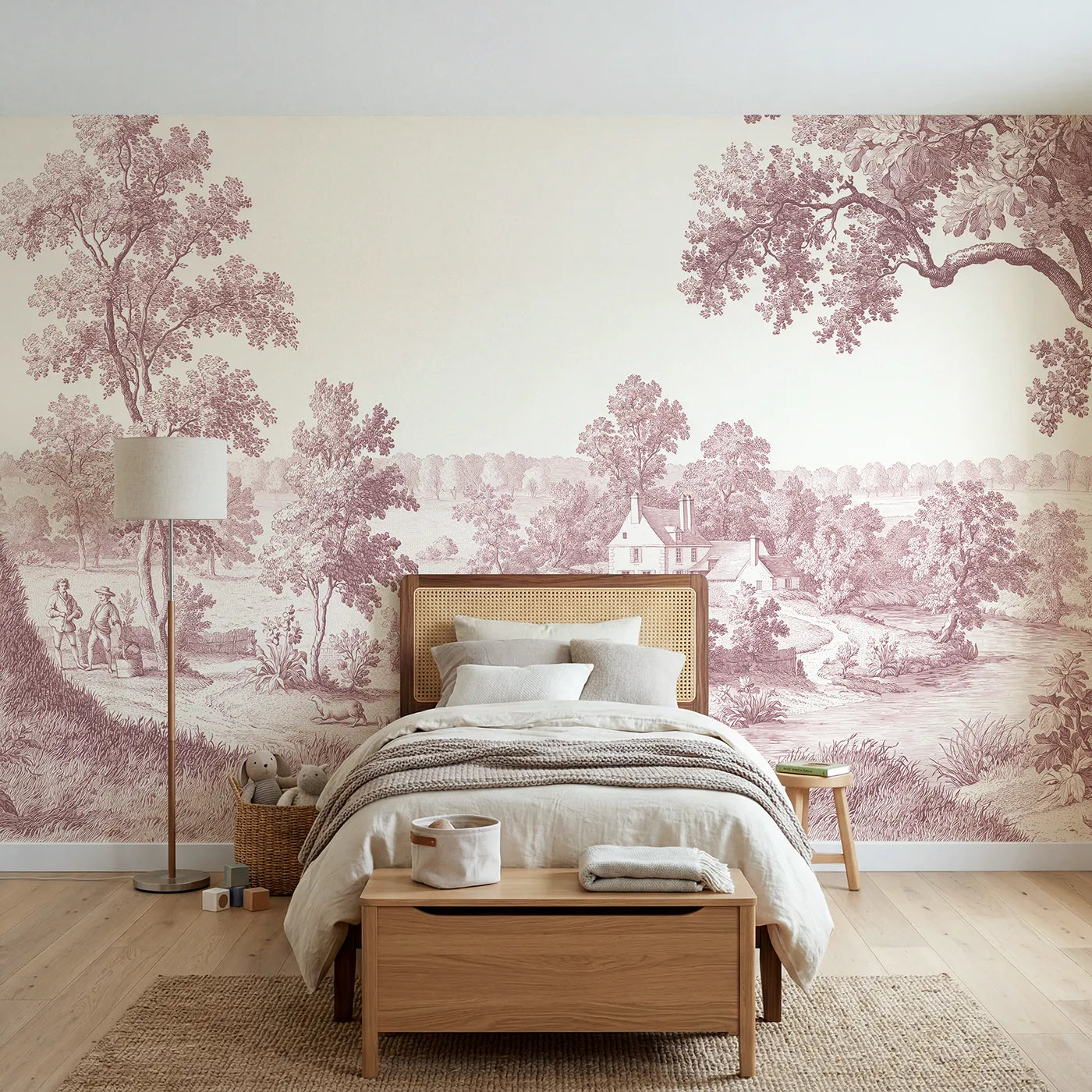 Toile wall mural of a riverside mill house in pink ink by Whimsy Tots