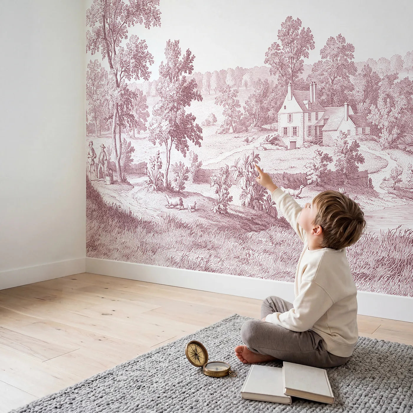 Child in nursery with Riverside Mill House Wallpaper Mural in Pink by Whimsy Tots